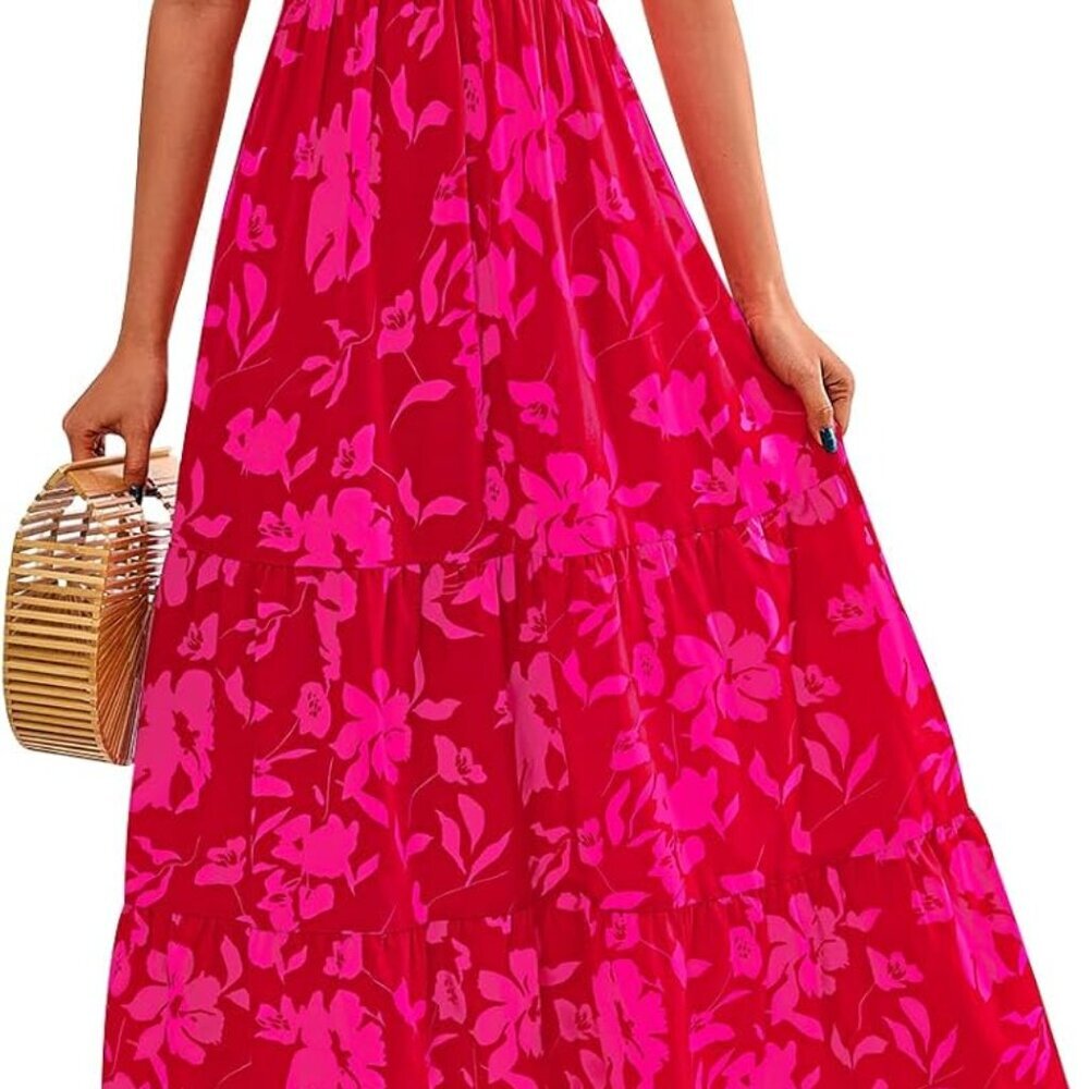 Women's 2025 Summer Casual Flutter Short Sleeve Boho Floral Maxi Dress Crew Neck